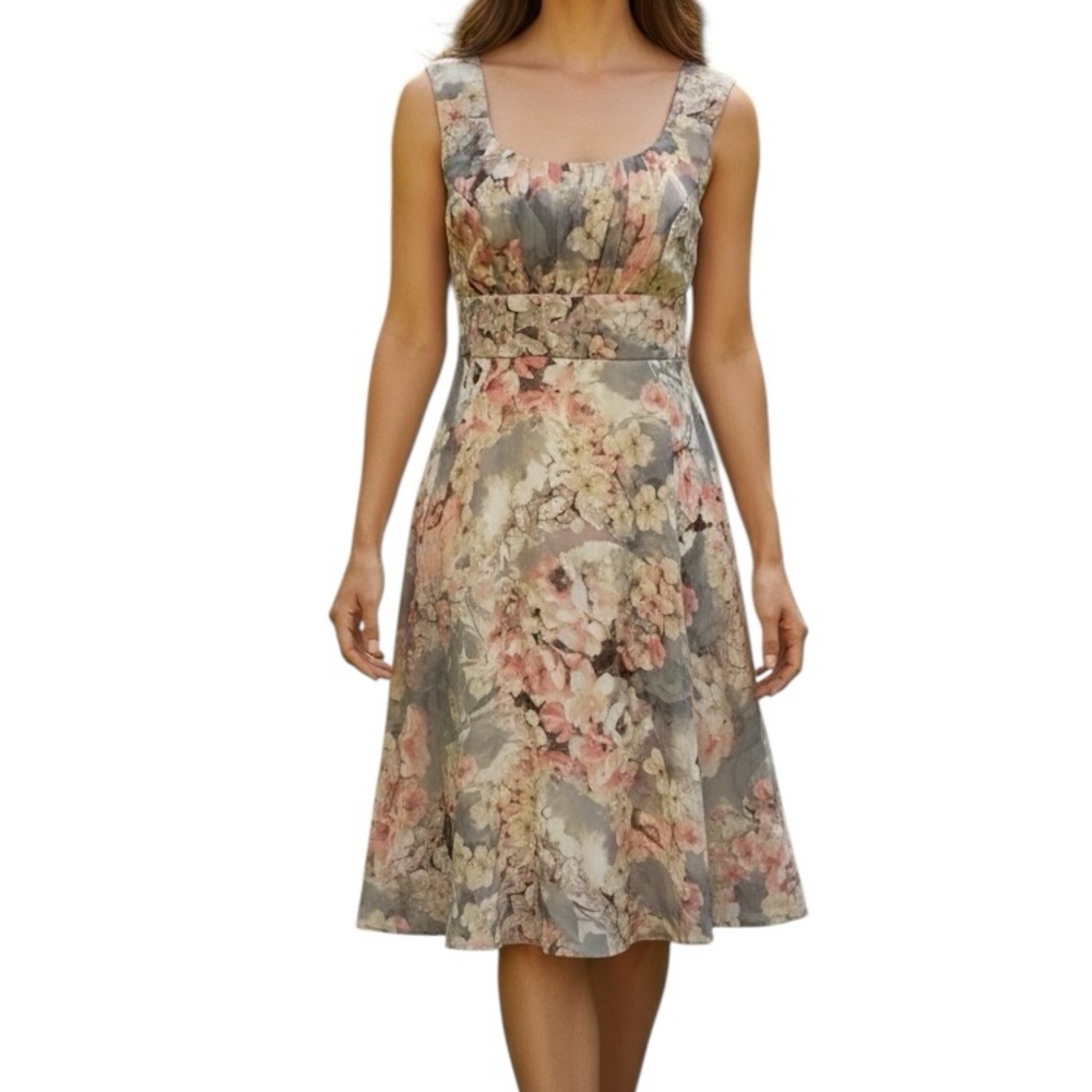 SIGNATURE ELLA Dress Size 6 Chiffon Double Layer Floral Gray Peach Sleeveless